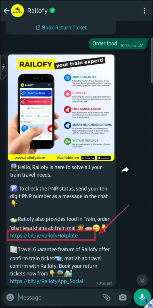 Check PNR and order food on WhatsApp