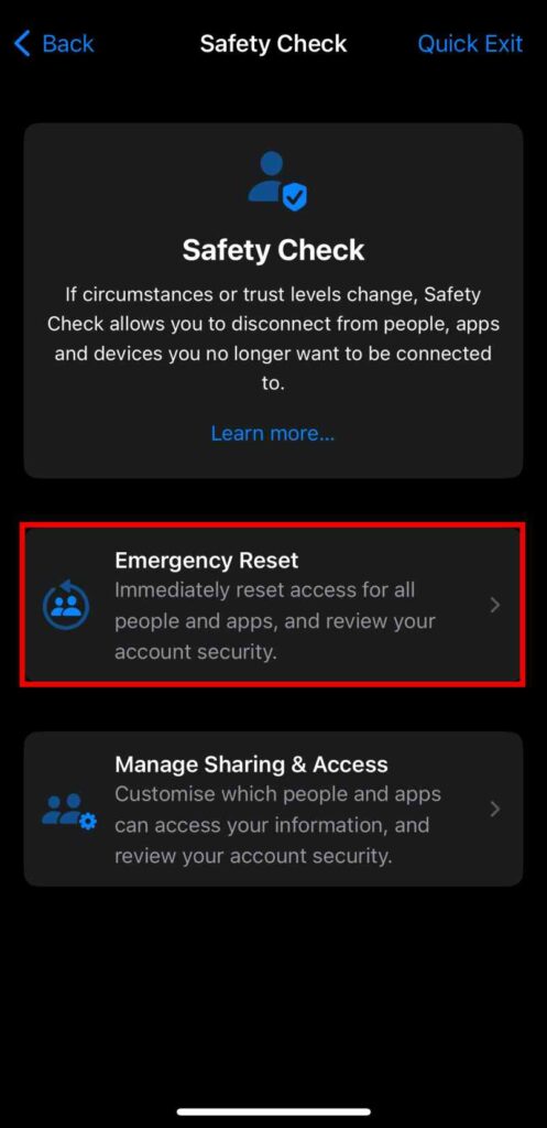 Safety Check Emergency Reset on iPhone
