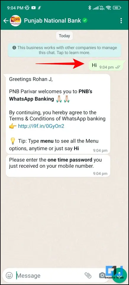 activate PNB WhatsApp banking