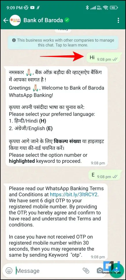 activate whatsapp banking