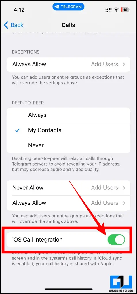 stop telegram calls in iphone log