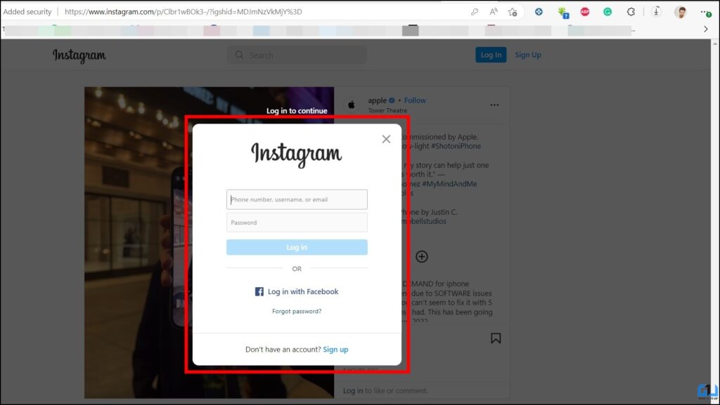 Instagram login popup