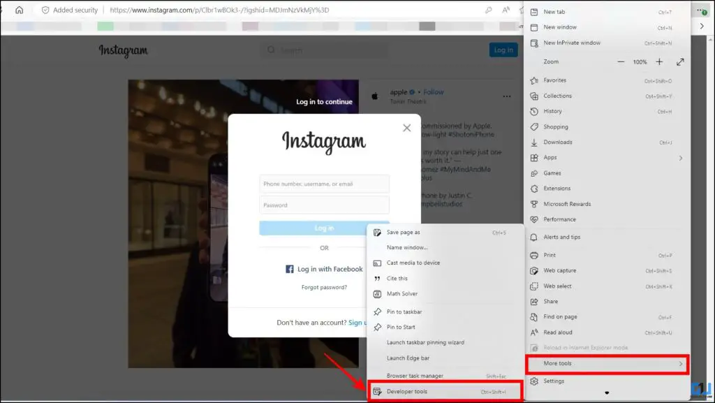 Instagram login popup