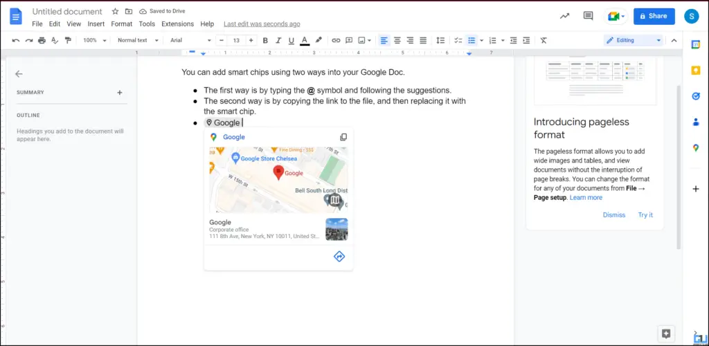 Smart chips in Google Docs