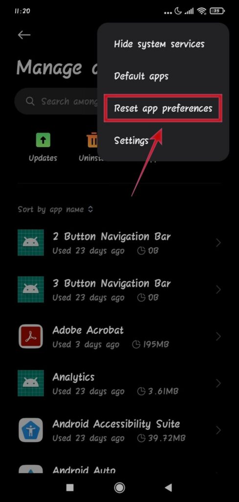 reset app preference to get back Open with menu android