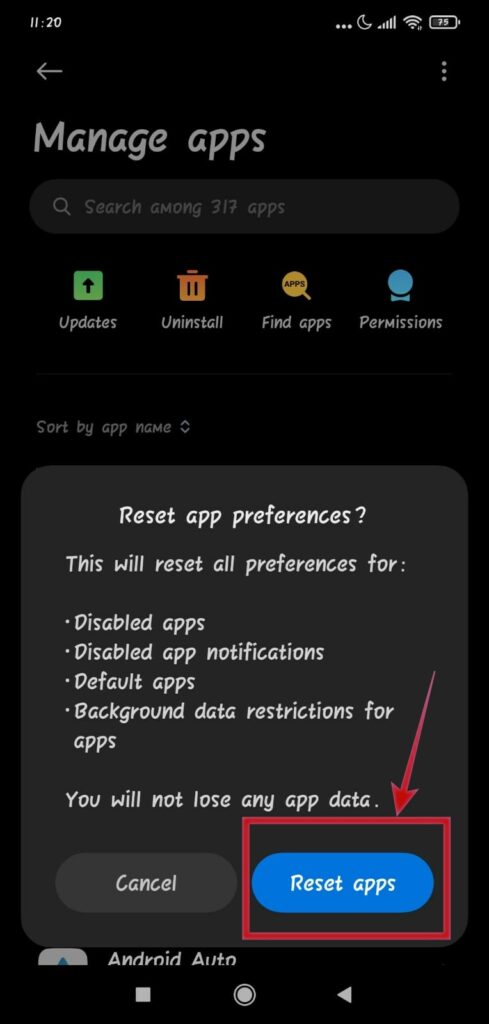 reset app preference to get back open with menu android