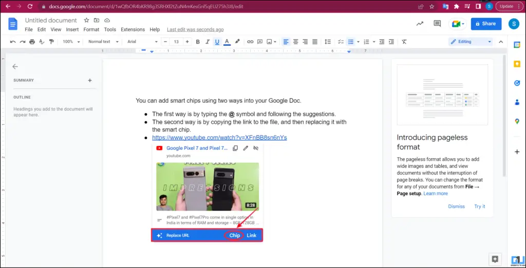 Smart chips in Google Docs