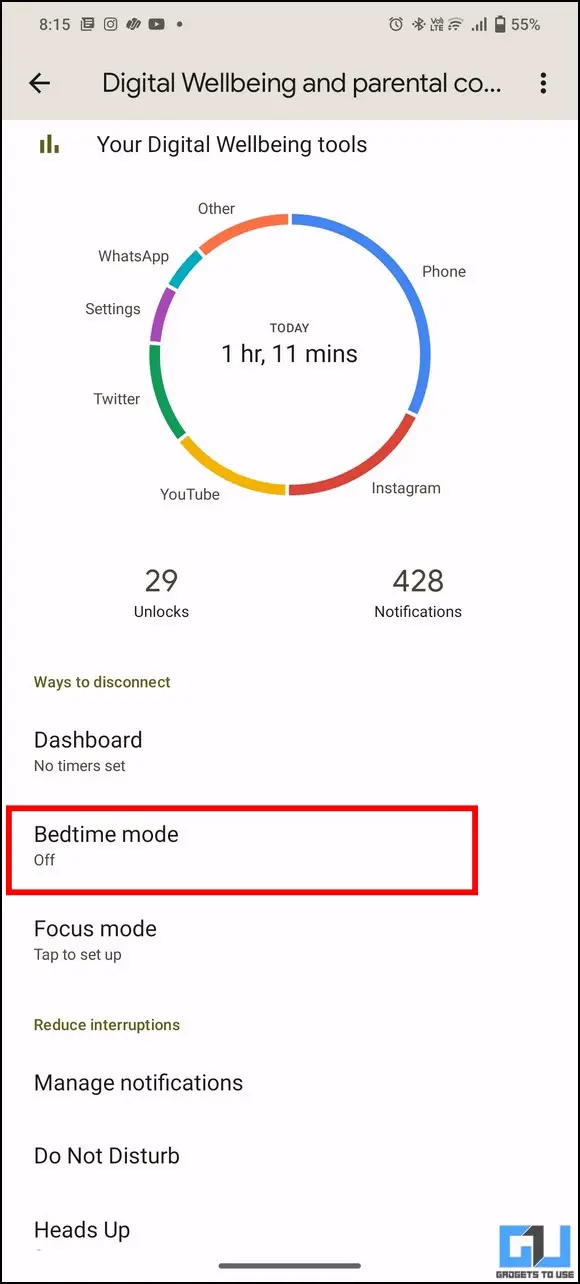 Función de hora de acostarse en Android