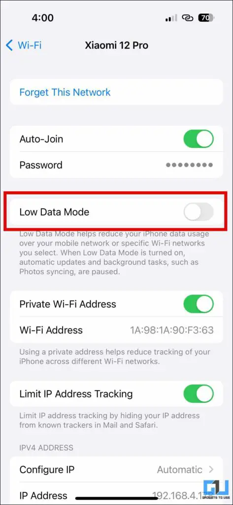 disable low data mode on iphone and iPad
