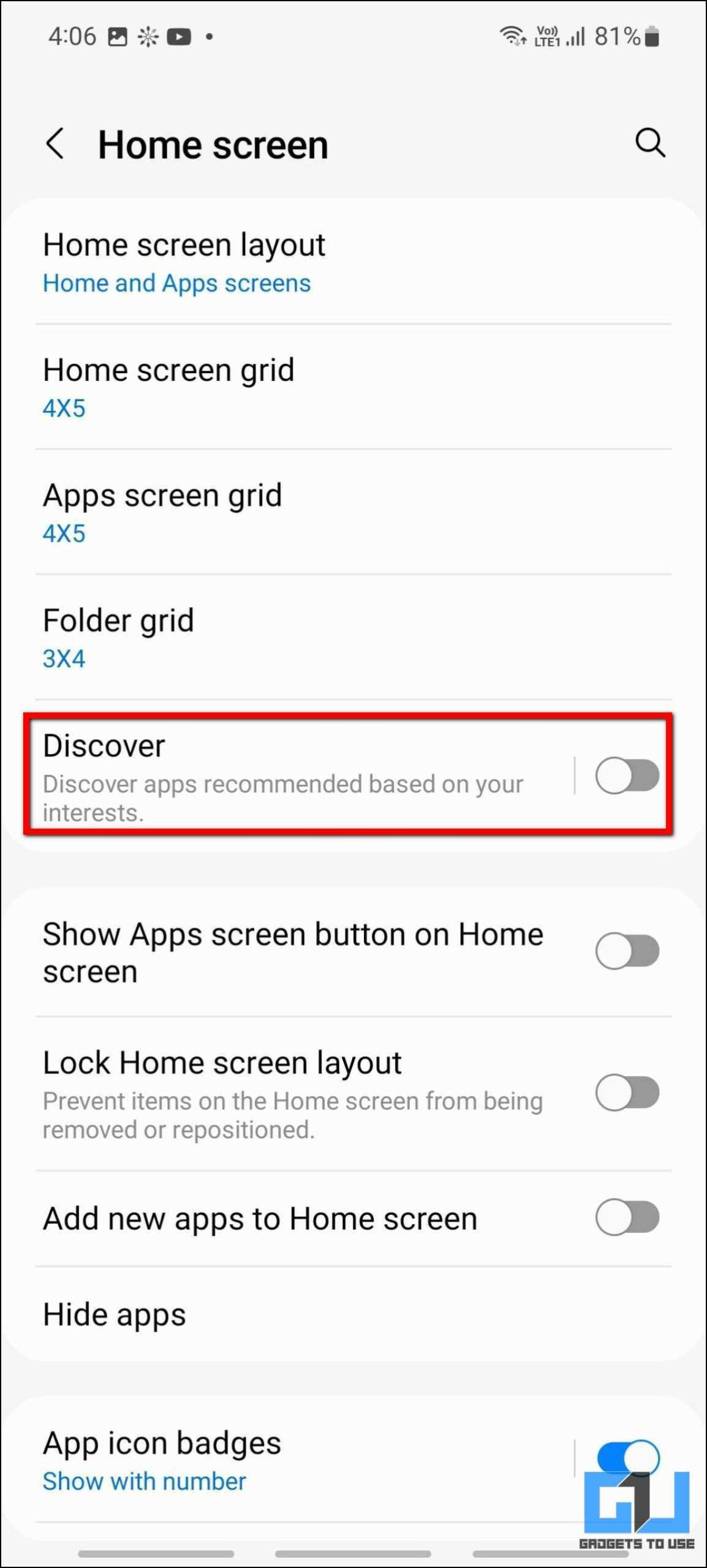 Disable Discover Tab on Samsung Phone