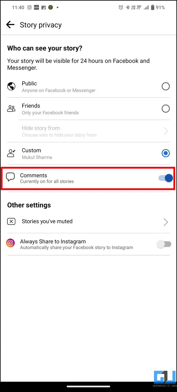 Turn Off Comments on Facebook Story