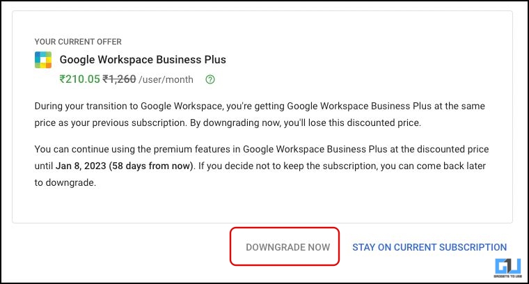 downgrade Google workspace plan