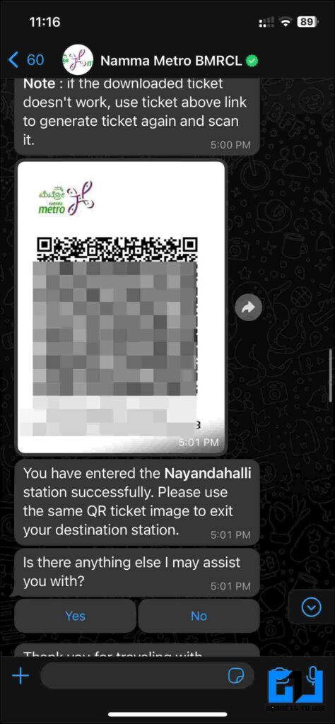 Book Bangalore metro WhatsApp QR ticket