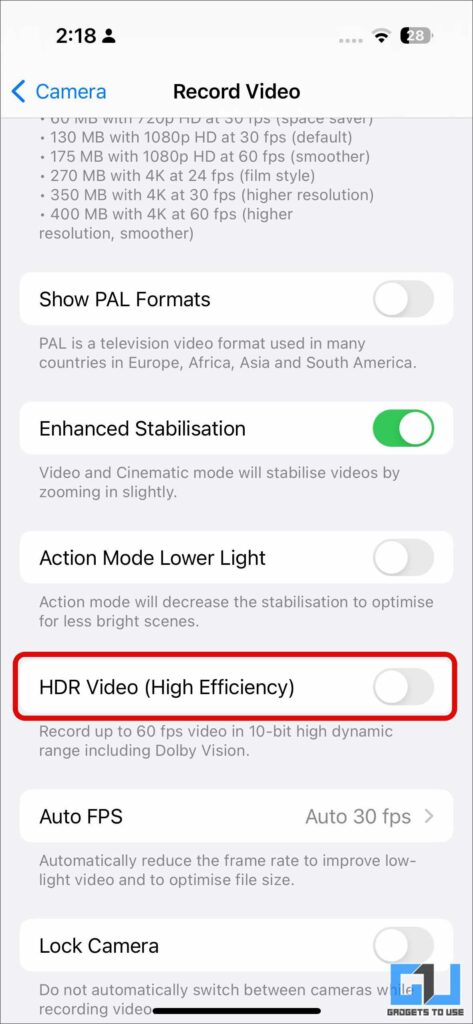Turn off HDR video in iOS to fix HDR10+ Video Premiere Pro