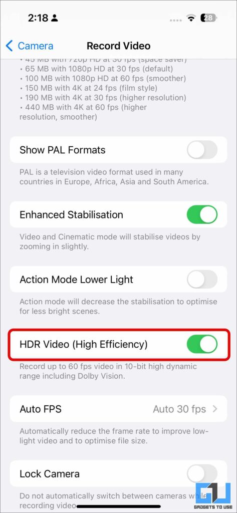 Turn off HDR video in iOS to fix HDR10+ Video Premiere Pro