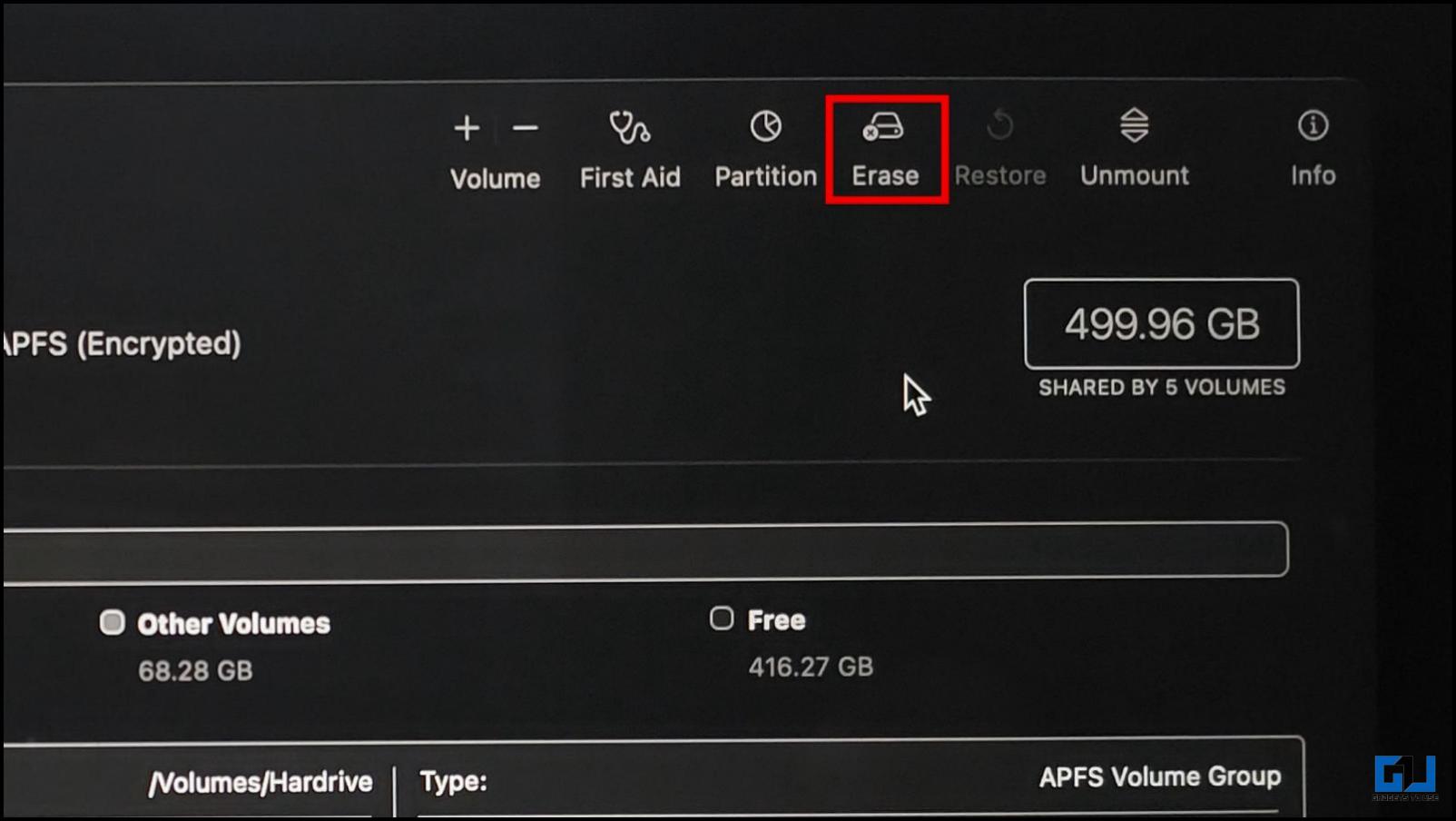 Click on Erase to wipe data from Hardrive.