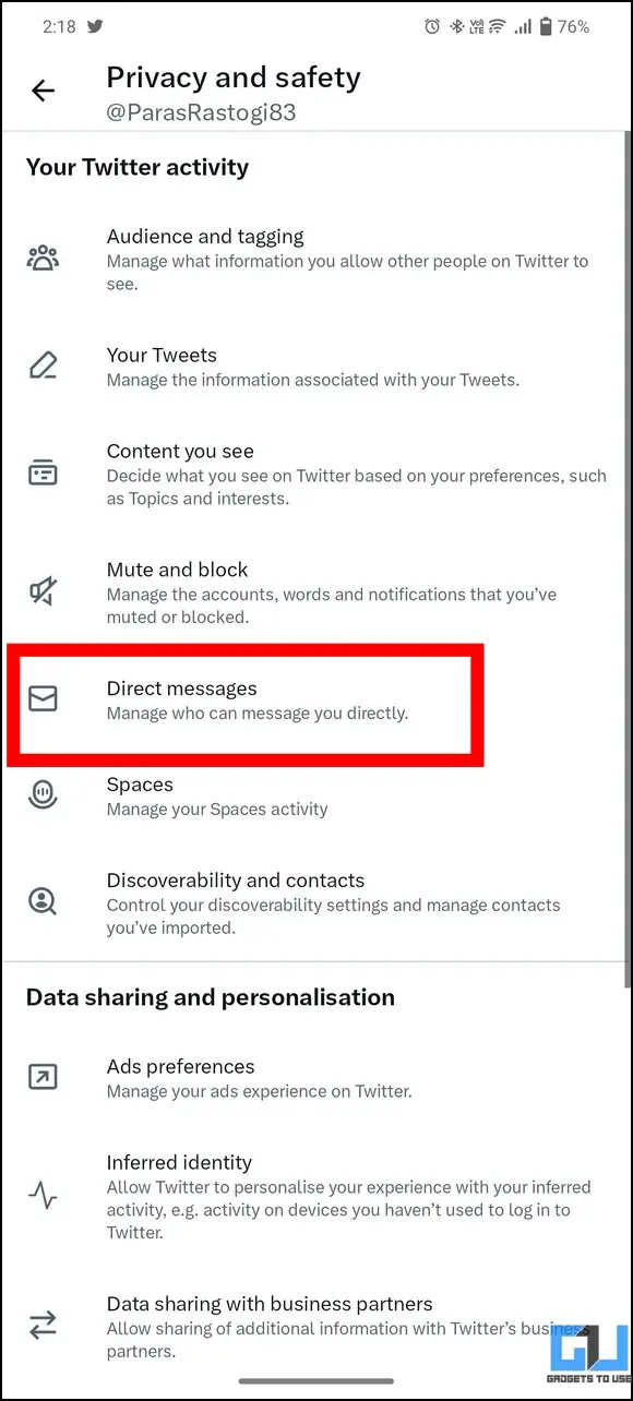 Turn off messages from everyone to Secure your Twitter Account
