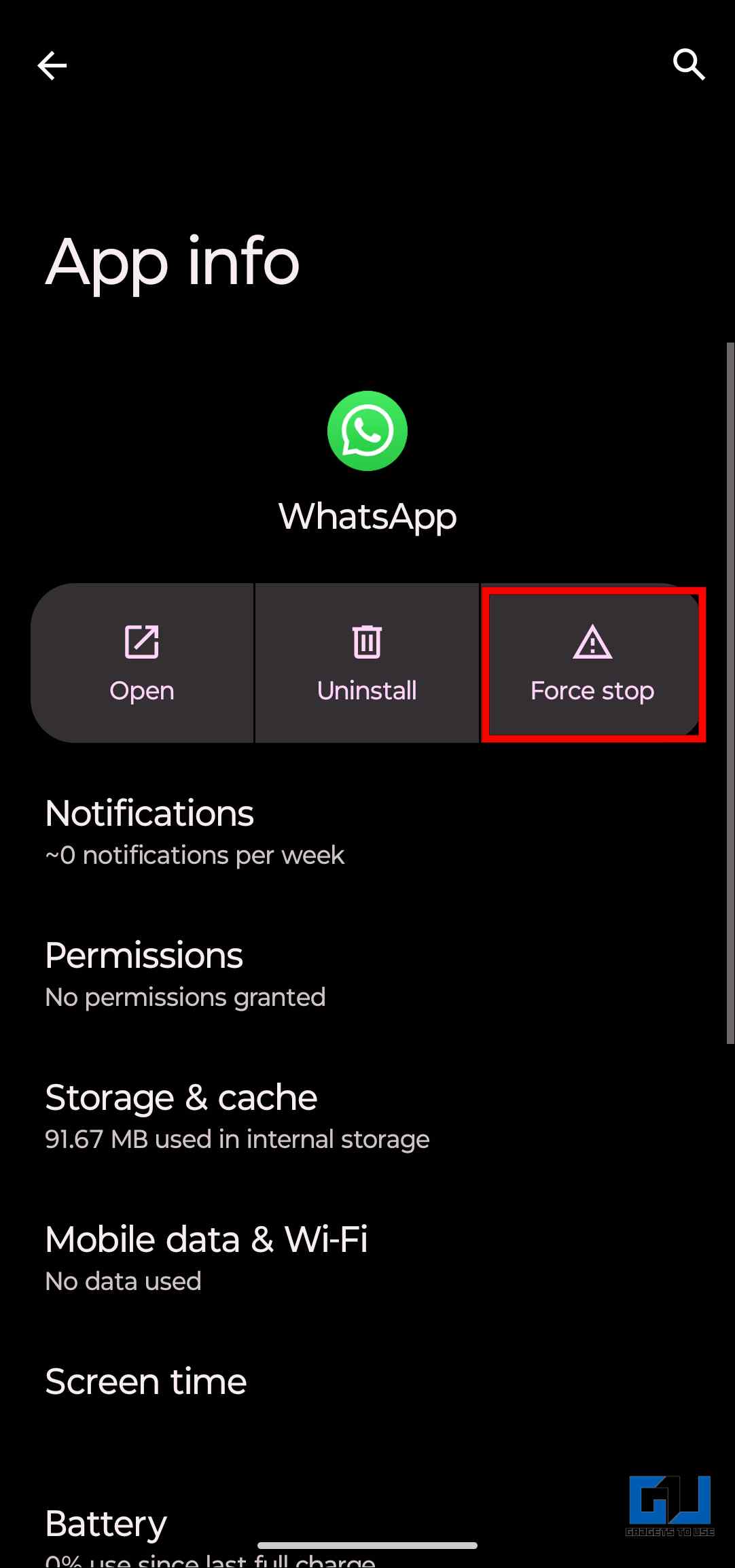 Force stop Whatsapp to Fix WhatsApp Beta out of date Error