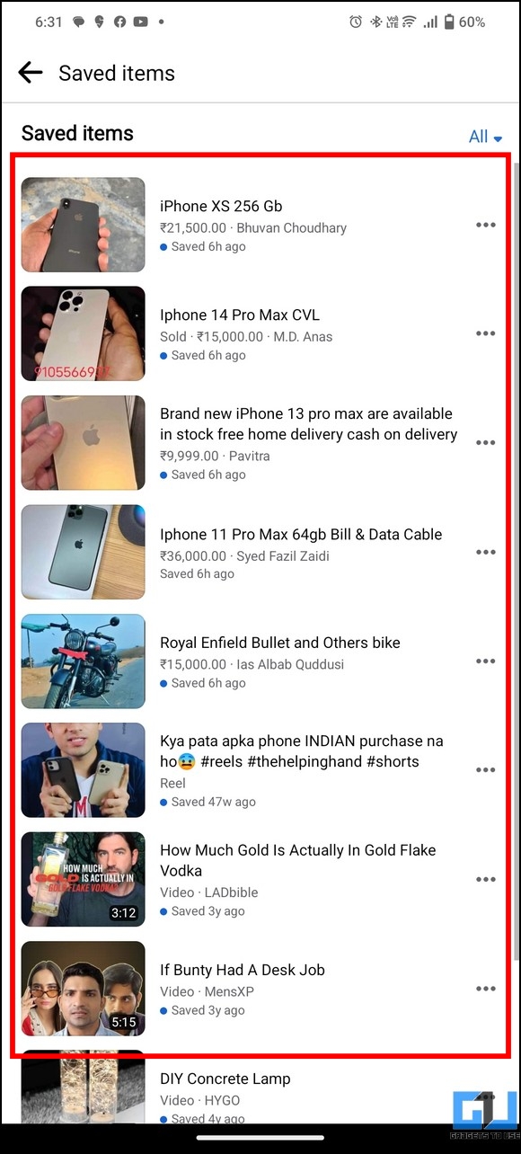 Saved Facebook Marketplace Posts on Android