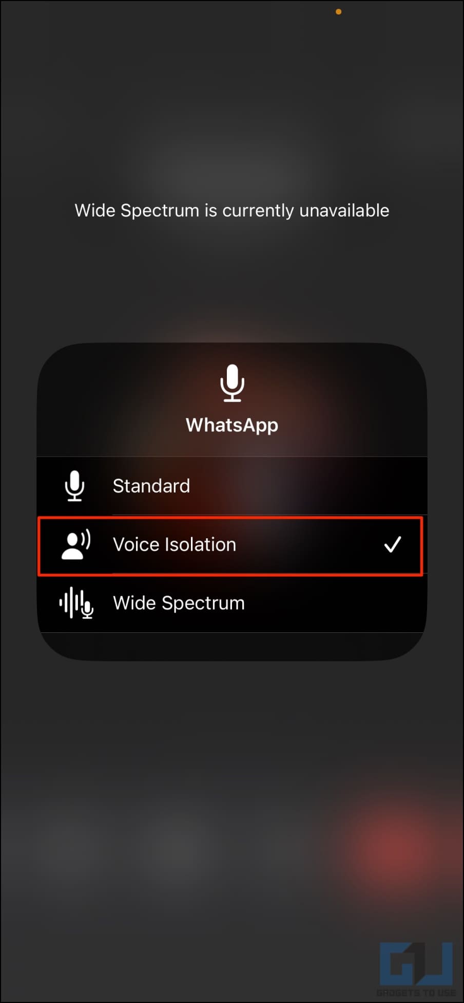 isolamento de voz do iPhone para chamada whatsapp