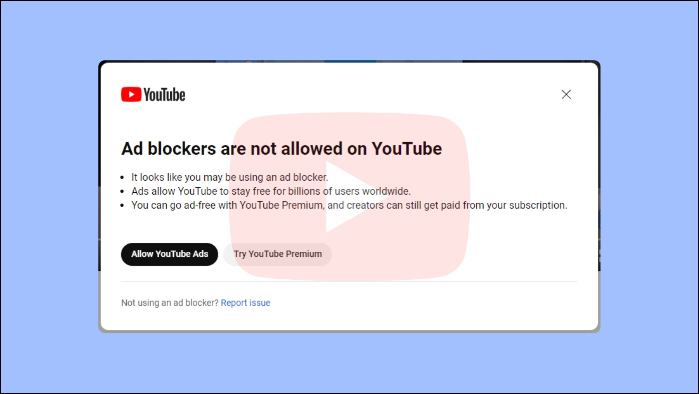 Ad blockers not allowed YouTube