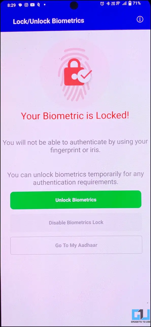 Lock Aadhaar Biometric on mobile app