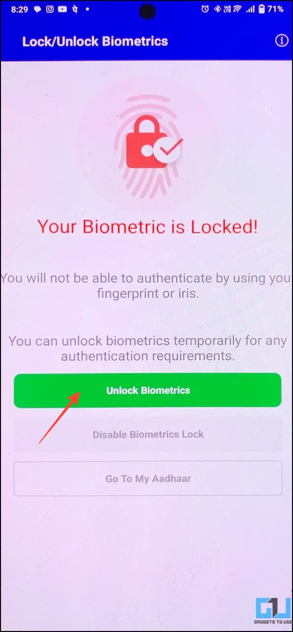 Lock and unlock Aadhaar Biometric on mobile app