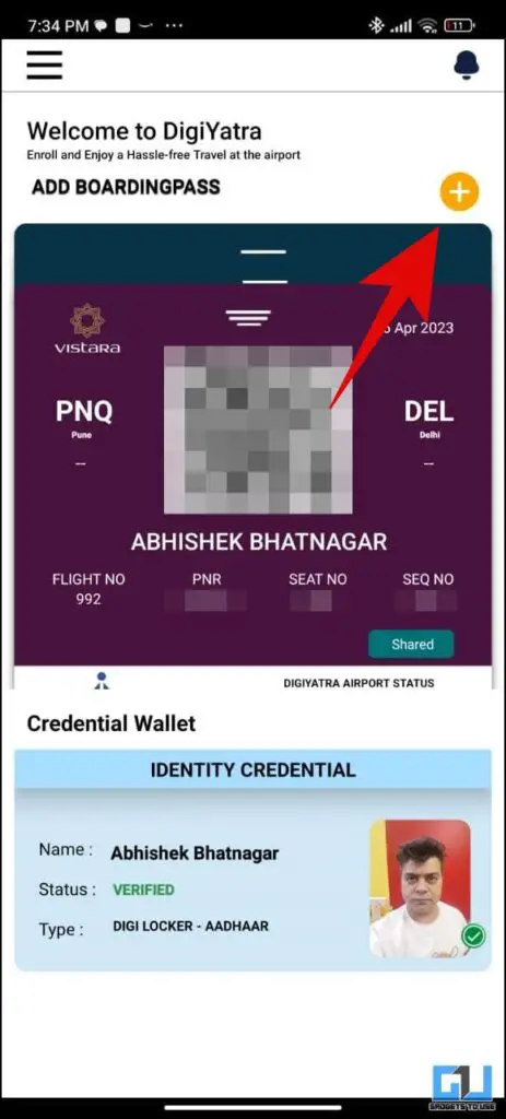 Share Boarding Pass DigiYatra to check in using app