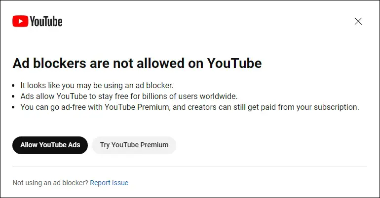 YouTube Anti Ad Blocker Prompt