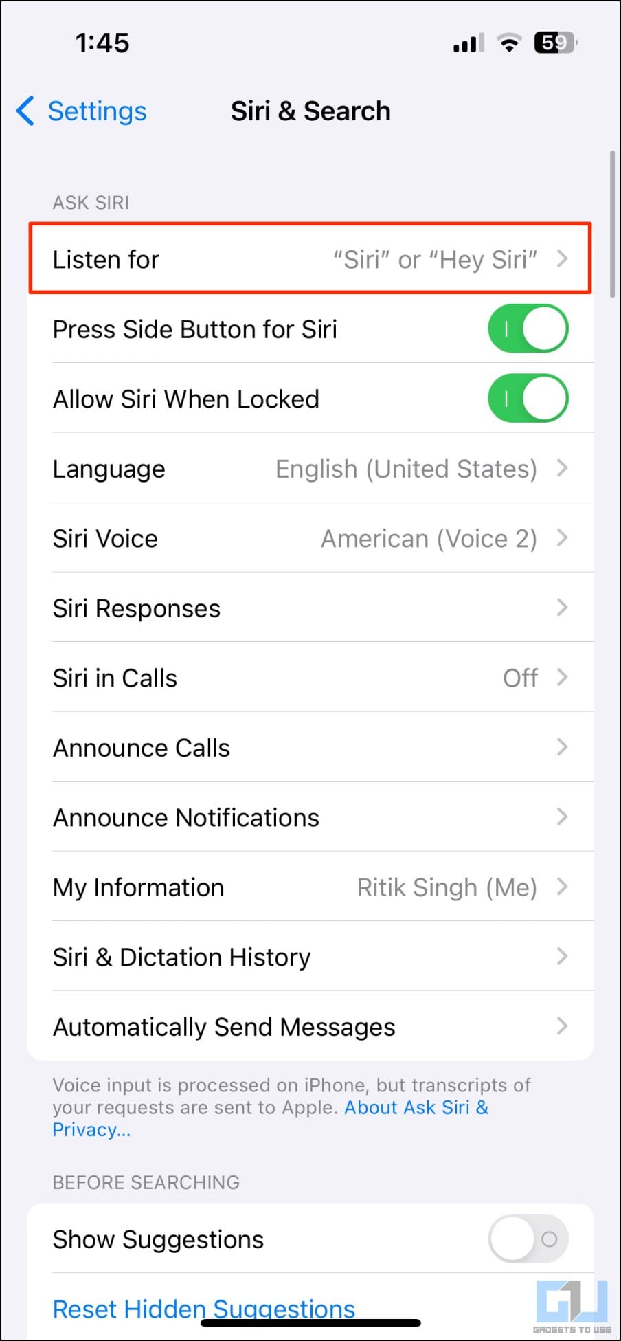 Can't Find Listen for in Siri Settings