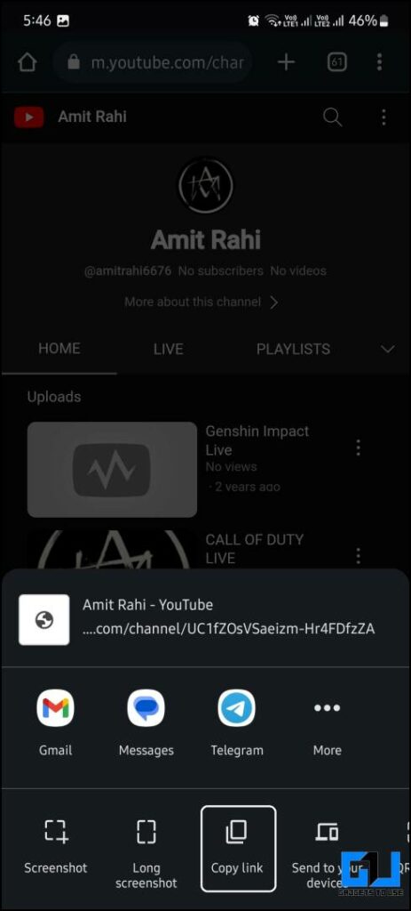 Copy Own YouTube Channel Link from phone browser