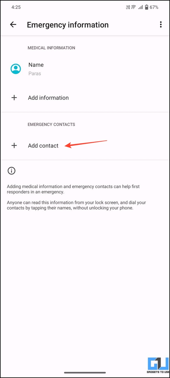 Add Emergency Medical and Contact info on Android