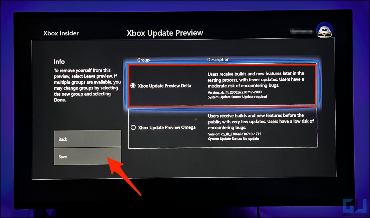 Enrol into Xbox Update Preview Delta Omega