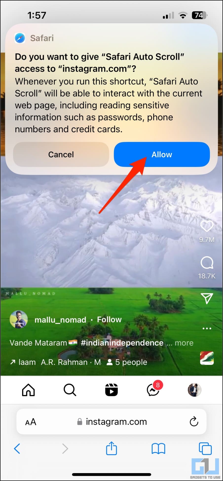 Safari Auto Scroll Shortcut for Instagram Feed