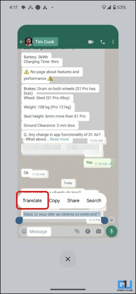 Translate WhatsApp chat on Android