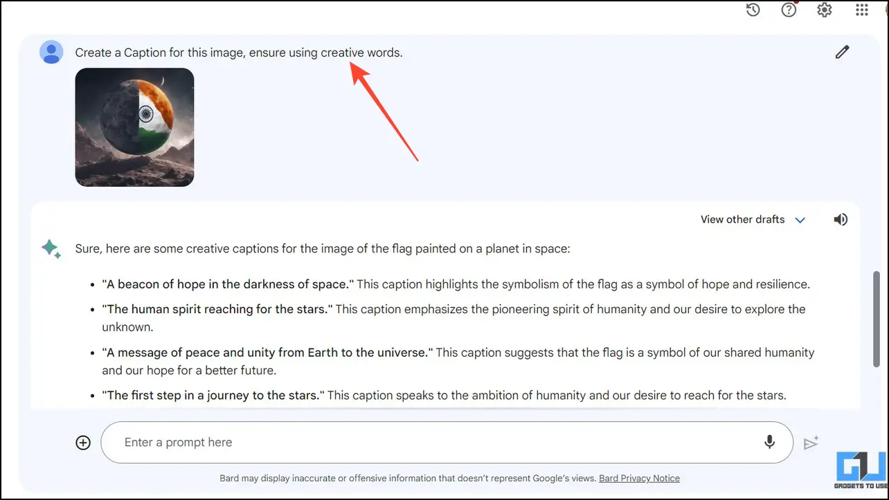 Google Bard image upload feature being used to write a social media caption for ISRO landing on lunar side of moon