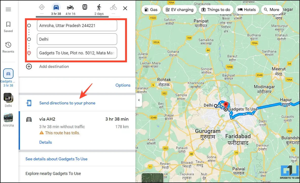 Click Send directions to your phone on Google Maps web