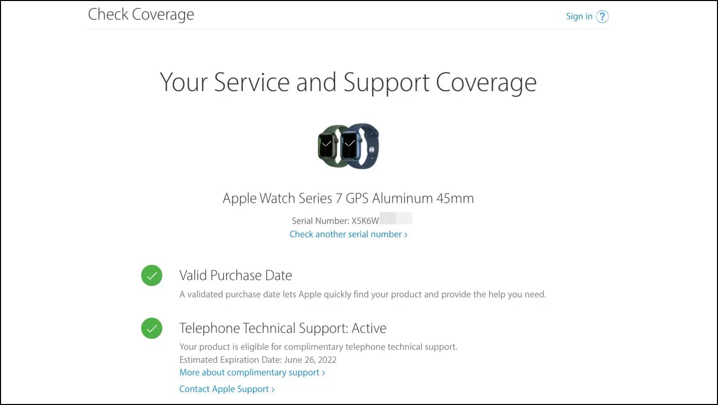 Apple Coverage Page showing Apple Watch Series 7 Warranty Status