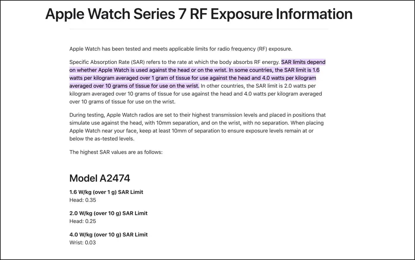 Apple Watch Radiation Exposure Information on Apple Support Page