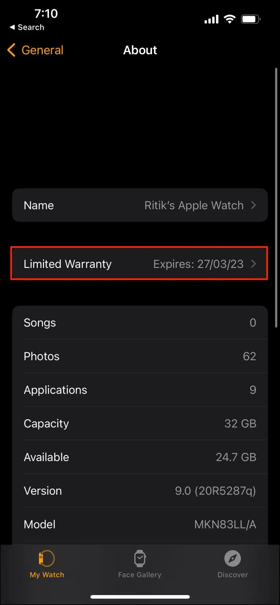 Limited Warranty Box Showing Remaining Apple Watch Coverage