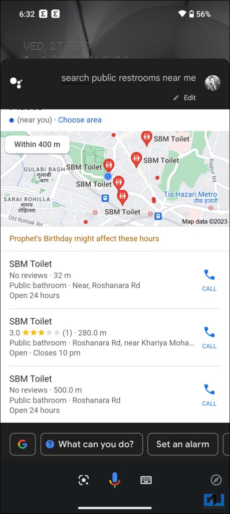 search public toilet using Google Assistant