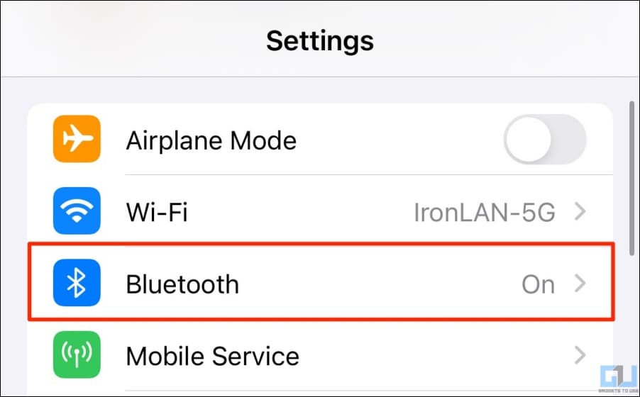Tap Bluetooth in iPhone Settings