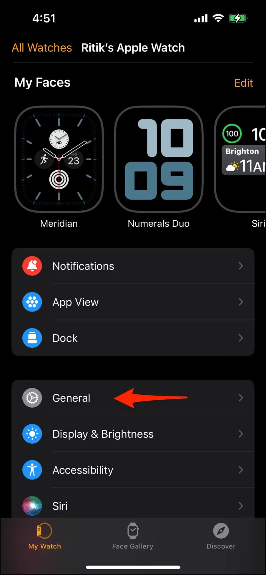 Select General in Apple Watch App