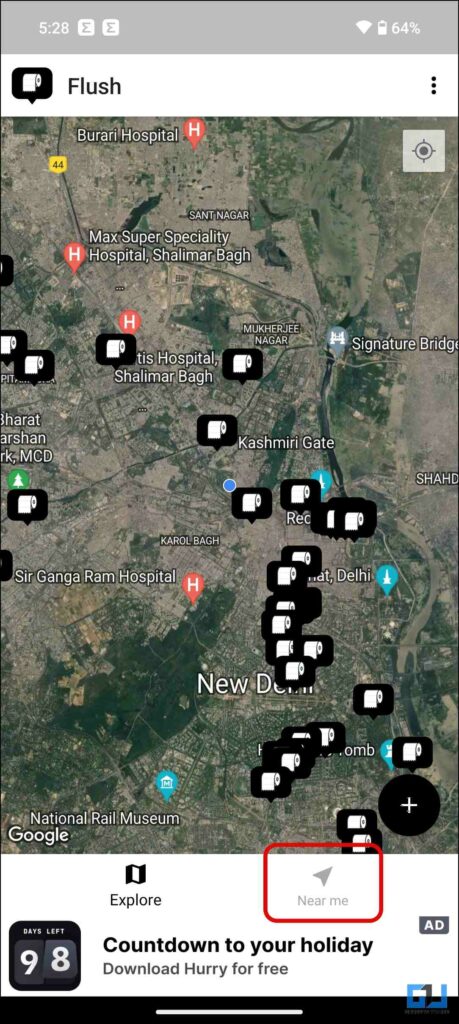 map of flush public toilet app