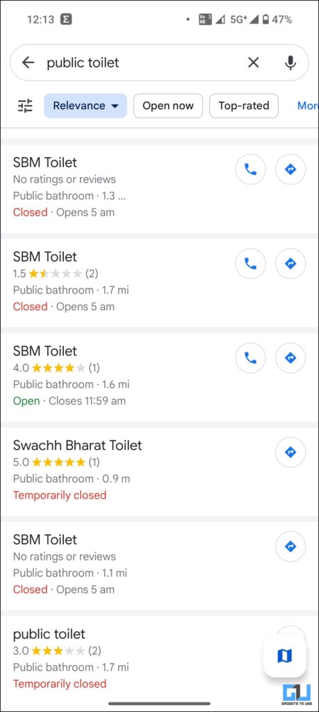 search public toilet on Google Maps