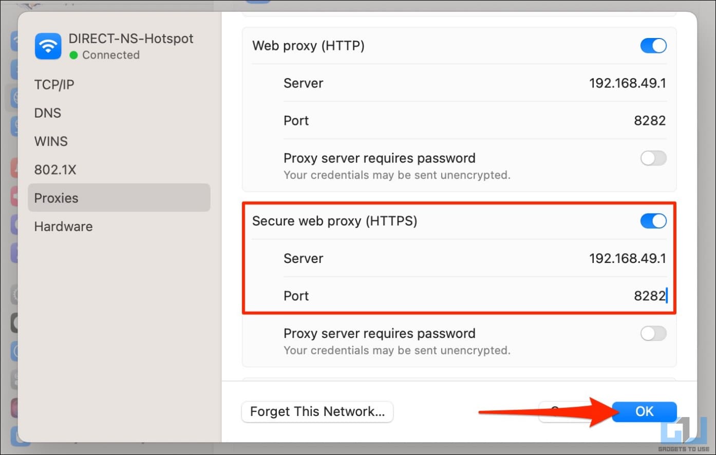Enable Secure Web Proxy. Enter Server and Port.