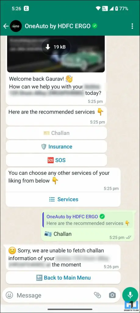 HDFCERGO OneAuto WhatsApp chatbot