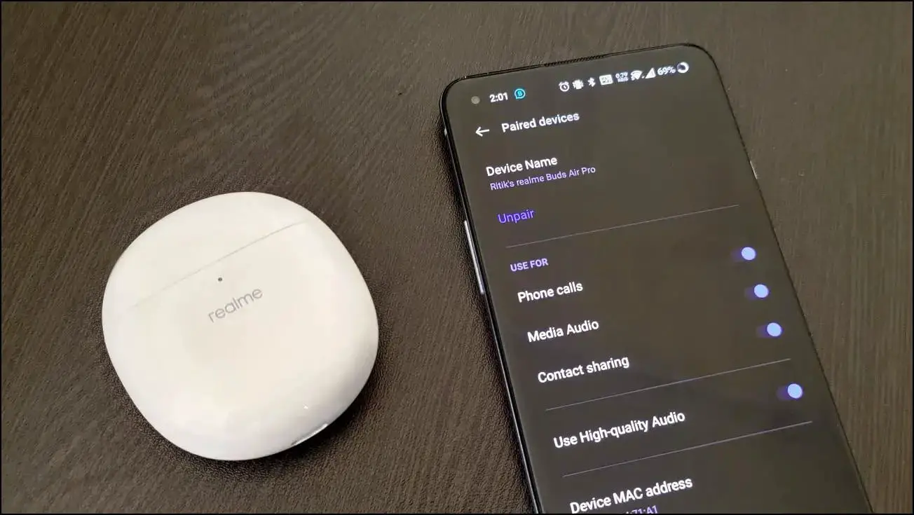 Realme Buds Case Kept Alongside Android Phone with Bluetooth Settings Open
