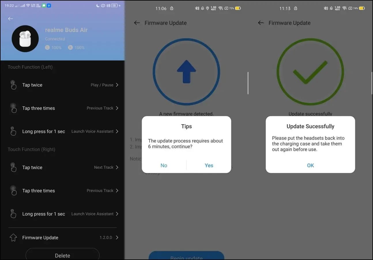 Select Realme Buds in Realme app and tap Firmware Update to proceed