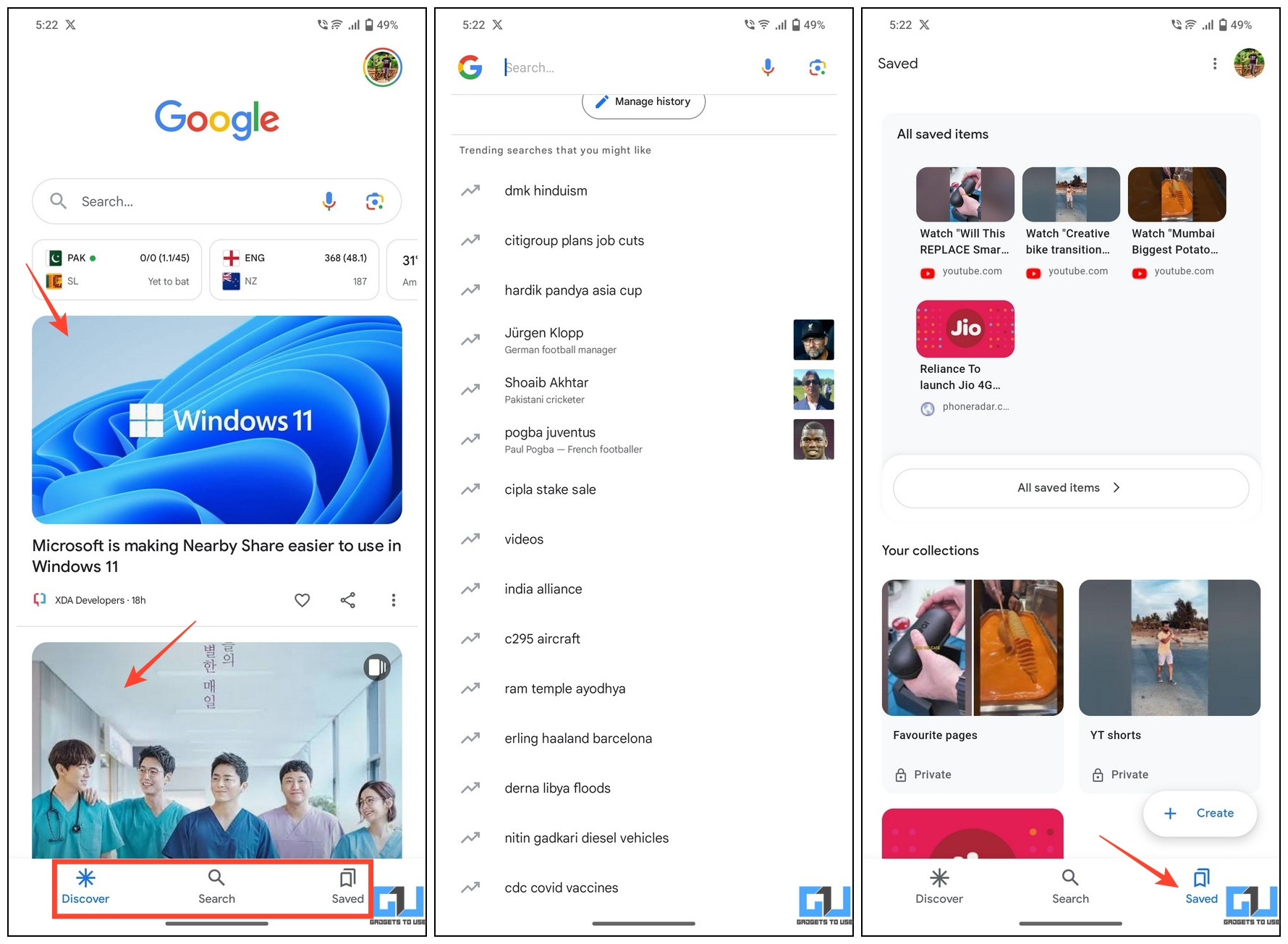 Google App interface with discover, search, and saved tab